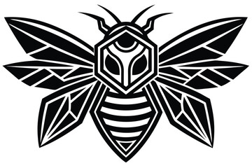 Obraz premium Geometric black bee shows symmetrical body and distinctive wings on a white background