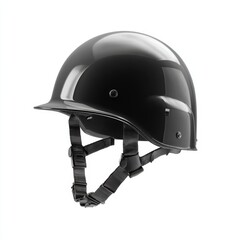 Fototapeta premium A close-up of a black helmet, showcasing its sleek design and protective features. The helmet's polished surface reflects light, highlighting its modern and functional aesthetic.