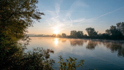 Obraz premium Sunrise over tranquil lake, trees frame