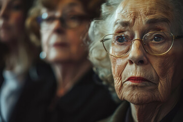 Senior woman in glasses beside group at funeral service, shared loss and support