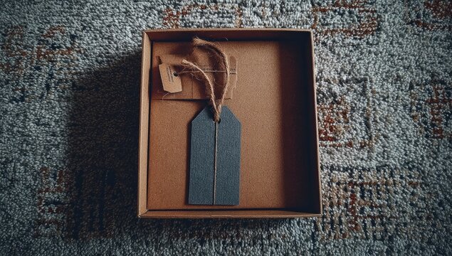 Brown box, gray tag, gift wrap