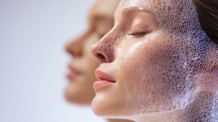 Artificial skin with hexagonal cellular pattern overlaying human face. Bioengineered tissue technology for medical transplantation and regenerative healing applications.