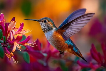 Fototapeta premium A Stunning Hummingbird Hovers Gracefully Above a Honeysuckle Bloom A CloseUp of Natures Artistry