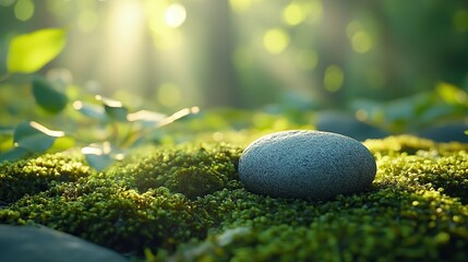 A close-up of a stone nestled in soft moss, with sunlight filtering through leaves, creating a serene atmosphere, 