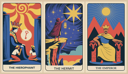 Obraz premium Bold vector tarot card set featuring The Hierophant, The Hermit, and The Emperor in vintage mid-century modern style with mystical symbolism and vibrant retro colors.