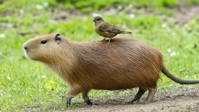 Small Brown Rodent with a Bird Sitting on Its Back in a Green Grass Landscape
