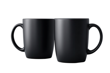 Two identical, matte black mugs facing slightly inward