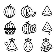 Outlined Watermelon Icons Depicting Slices Whole Fruits and Freshness Concepts.
