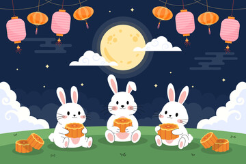 Mid autumn festival celebration banner or background decoration template. Cute rabbits with delicious mooncakes and a full moon. Moon Festival.  © abworks