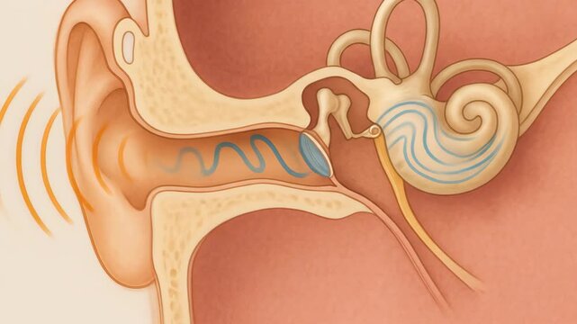Human Ear Anatomy: Sound Waves and Cochlea Illustration