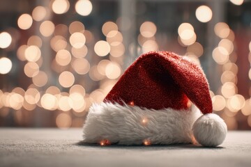 Sparkling Santa Claus hat rests on a surface, illuminated by soft bokeh lights creating a festive atmosphere during the holiday season