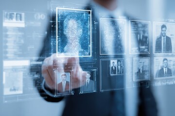 AI powered recruitment system scans potential candidates during a digital assessment process at a corporate office environment