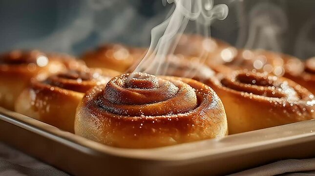 Steaming cinnamon rolls fresh from the oven on tray with golden brown glaze - Powered by Adobe