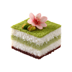 Delicious Layered Matcha Coconut Cake with Pistachios and Cherry Blossom
