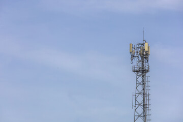 telecommunication  towers stand against a sky, modern wireless communication. for broadcasting 6G, 5G, and signals for telecommunications infrastructure, and the expansion of digital connectivity.
