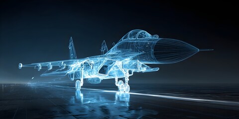A digital wireframe hologram of a fighter jet on a dark tarmac, glowing blue with detailed lines, showcasing modern aerospace design