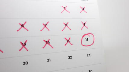 Close-up of a calendar with days marked off and the 16th circled in pink, symbolizing a deadline,...