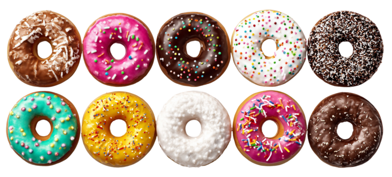  colorful assortment of donuts arranged in two rows. showcasing various toppings like sprinkles. chocolate. and frosting appearance