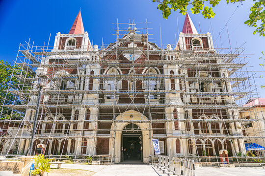an old church covered in scaffolding