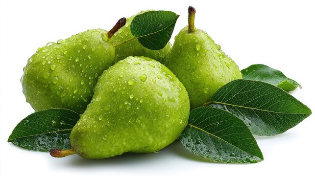 Fresh green pears with water drops closeup on white background