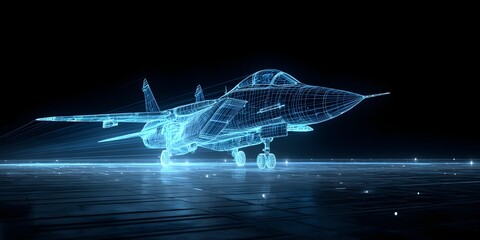 A digital wireframe hologram of a fighter jet on a dark tarmac, glowing blue with detailed lines, showcasing modern aerospace design