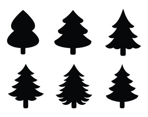 Set of six black pine tree silhouettes winter forest icons evergreen nature graphics