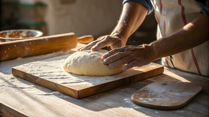 Hands kneading raw dough on a wooden board baking bread
