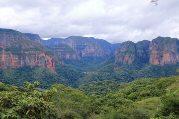 Majestic view of Amboro National Park in Bolivia with aerial perspective over the rainforest mountains and valleys