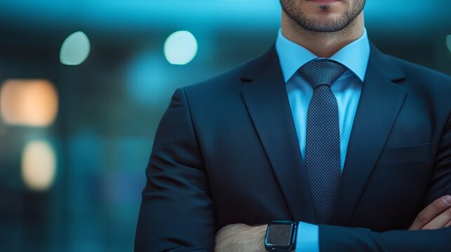 Close-up of a man in a suit, arms crossed