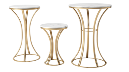 Elegant gold pedestal stands with white marble tops for event decor isolated on transparent background