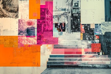 Fototapeta premium Abstract Colorful Urban Wall with Stairs Artistic Mural Bright Contemporary Modern