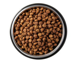 Pet food pellets in a metal bowl