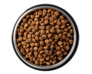 Pet food pellets in a metal bowl