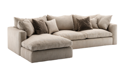 Cream sectional sofa with plush cushions and dark pillows