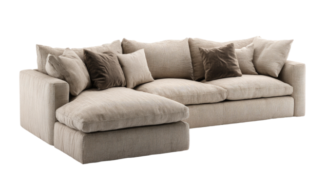 Cream sectional sofa with plush cushions and dark pillows
