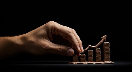 Hand Arranging Clay Bar Chart with Rising Arrow on Black