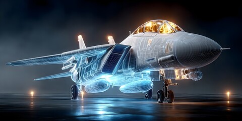 A digital wireframe hologram of a fighter jet on a dark tarmac, glowing blue with detailed lines, showcasing modern aerospace design