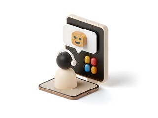 Customer support representative with headset in front of a smartphone and speech bubble offering help and solutions for technical assistance services