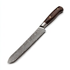 A detailed view of a serrated bread knife, perfect for cutting through crusty loaves. The knife is expertly crafted with a wooden handle and a patterned blade.