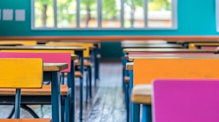 Colorful classroom interior with rows of desks and chairs (1)