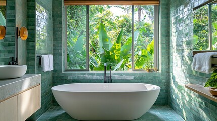 Fototapeta premium Serene Curved Bathroom Porcelain Sink Ideas with Oval Tub for a Peaceful Curved Bathroom Oasis
