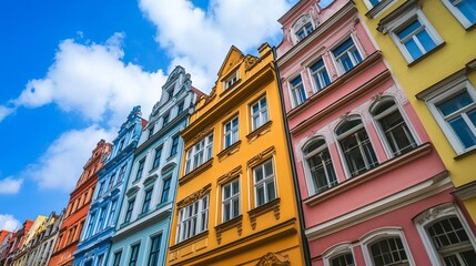 Fototapeta premium Colorful historic buildings in a European city under a partly cloudy sky