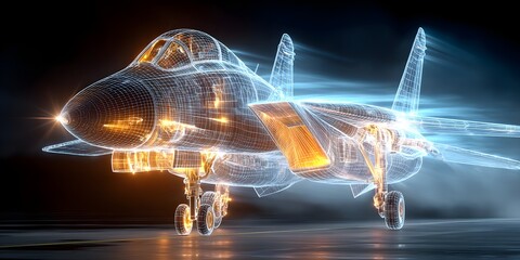 A digital wireframe hologram of a fighter jet on a dark tarmac, glowing blue with detailed lines, showcasing modern aerospace design