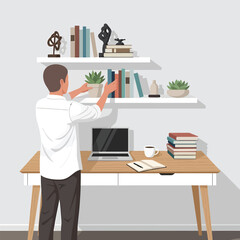 Man arranging plants and books on a shelf above a desk.