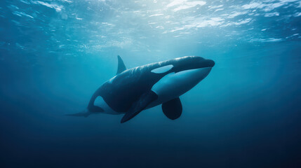 Obraz premium Majestic Orca Swimming in the Deep Ocean: Soft Morning Light