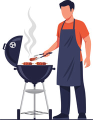 Man grilling sausages on a barbecue with tongs and smoke.