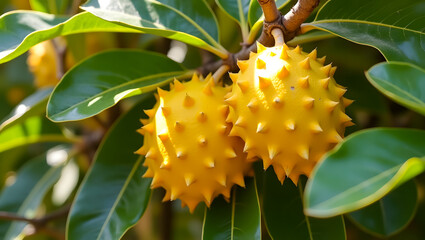 Star Fruits Hanging on Tree Surrounded by Shiny Green Leaves in Daylight Setting