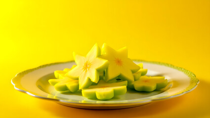 Artistic Photo of Star Fruit Slices Arranged in Floral Pattern on Plate &ndash; Bright Background