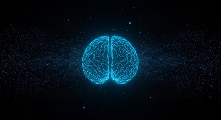 High-tech digital artwork showing a glowing artificial intelligence brain network surrounded by blue neon lights and data particles