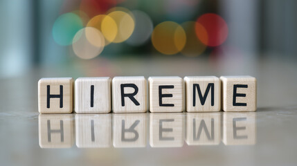 Creative Wooden Blocks Spelling Hire Me with Blurred Colorful Background Ideal for Job Seeking, Motivation, or Resume Presentation